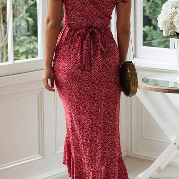 Women's Bohemian Floral Wrap Maxi Dress V-Neck Short Sleeve Beach Party - Picture 5 of 6